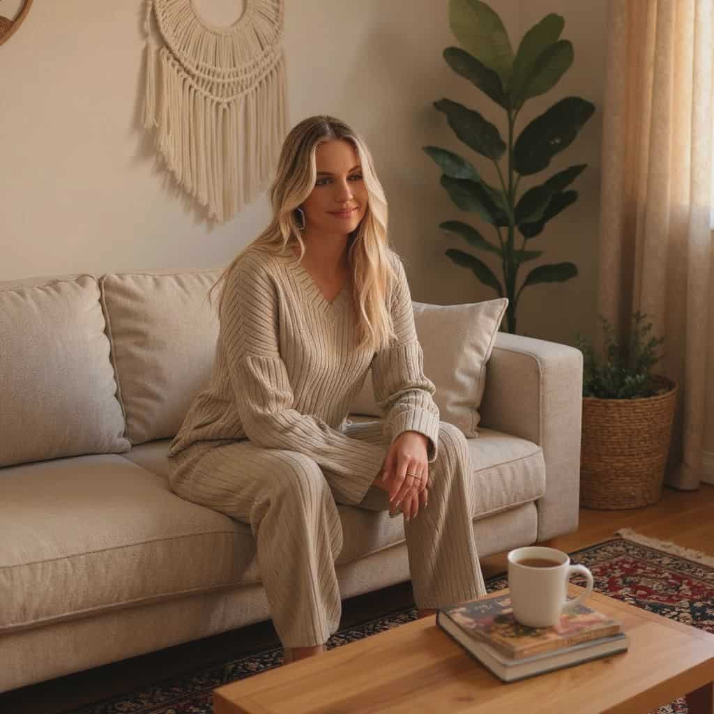 Casual 2 Pieces Loungewear Loose V-Neck Long Sleeve and Knitted Straight Pants