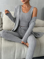 Women'S Solid Color Rib Knit Vest, Long Pants & Coat Three-Piece Set for Home Wear