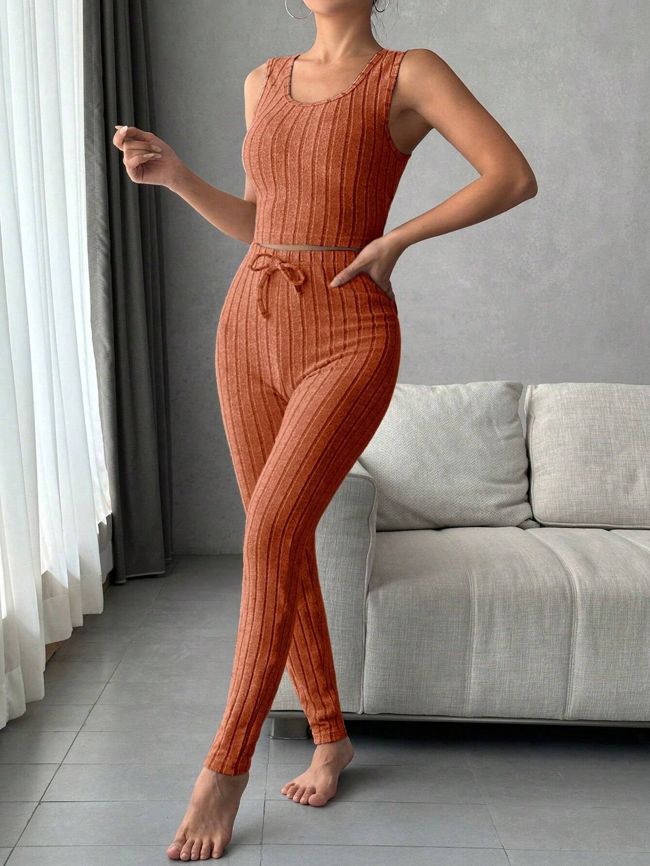 Women'S Solid Color Rib Knit Vest, Long Pants & Coat Three-Piece Set for Home Wear