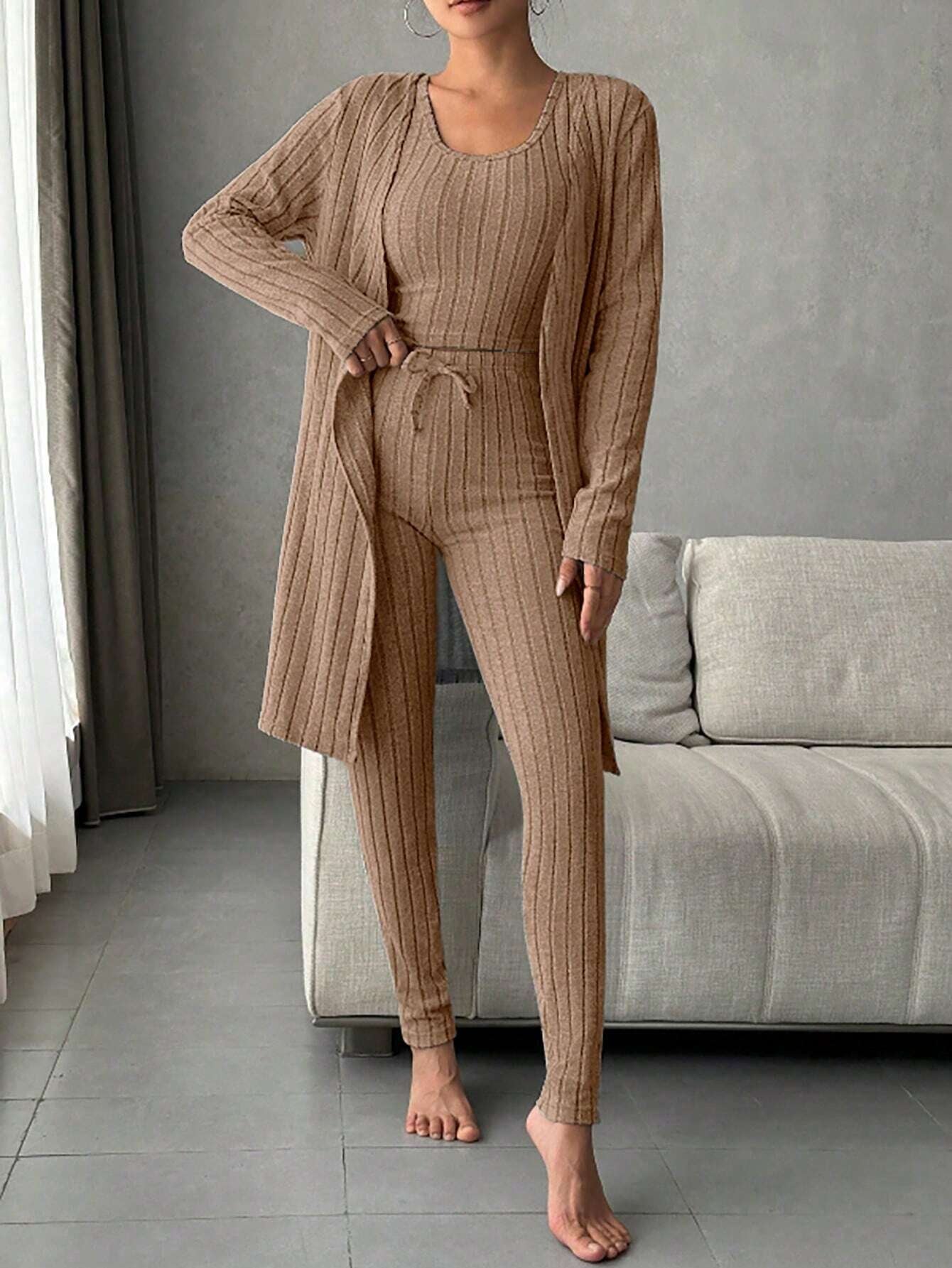 Women'S Solid Color Rib Knit Vest, Long Pants & Coat Three-Piece Set for Home Wear