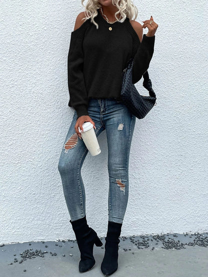 LUNE Cold Shoulder Ribbed Knit Sweater