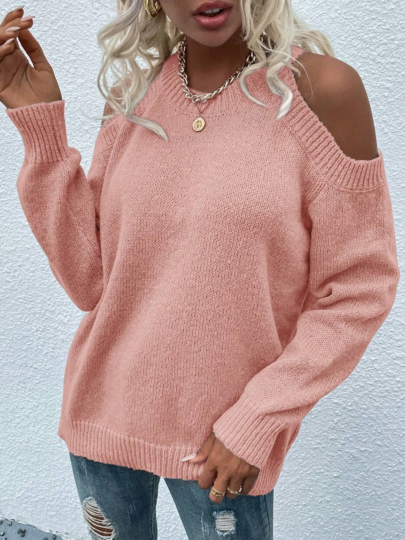 LUNE Cold Shoulder Ribbed Knit Sweater