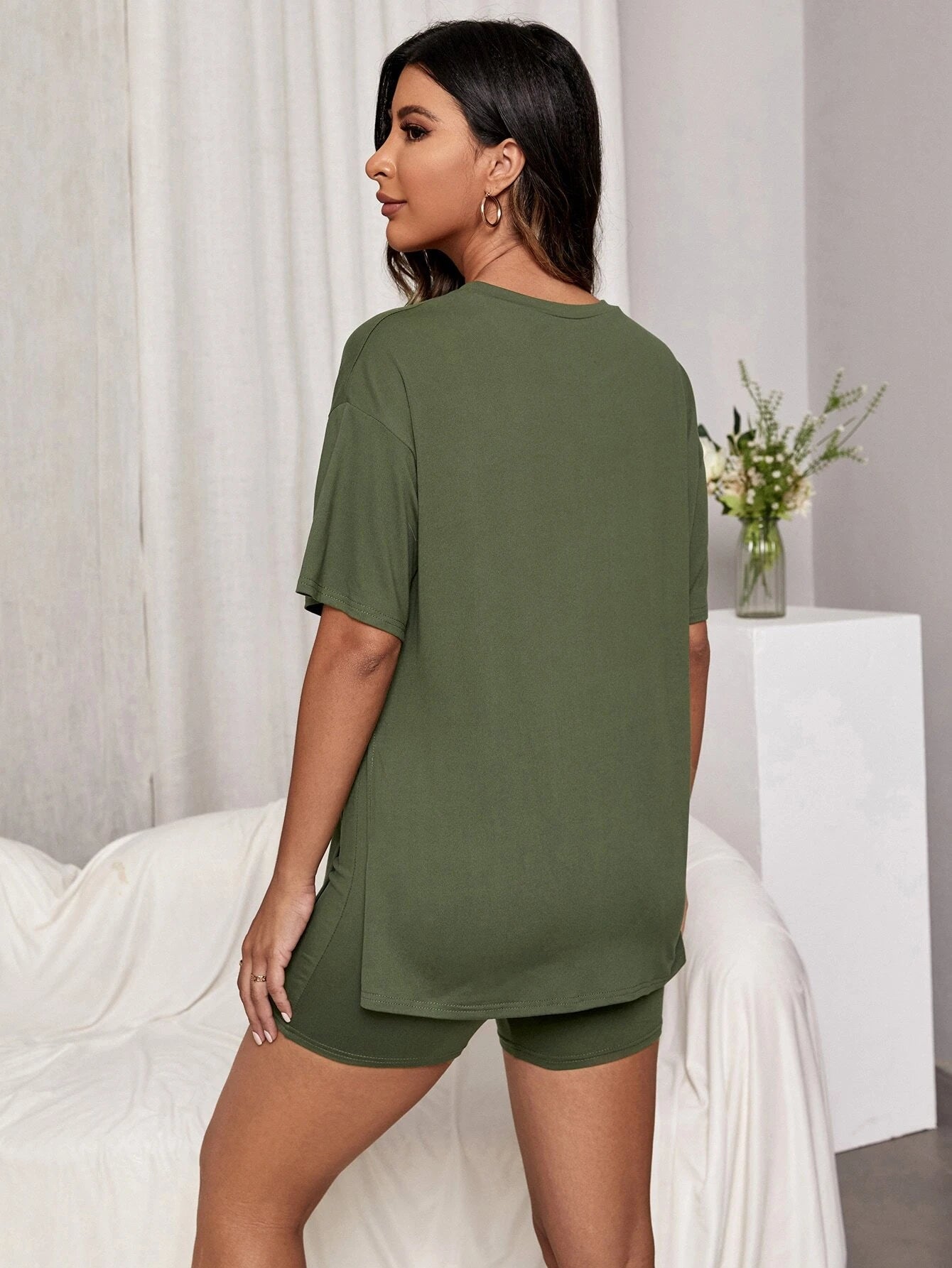 Drop Shoulder Split Hem Tee & Shorts Lounge Set