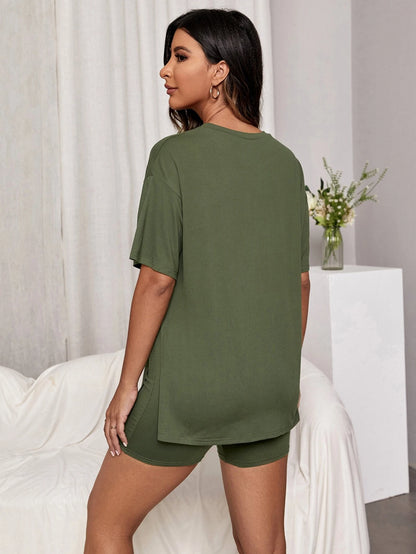 Drop Shoulder Split Hem Tee & Shorts Lounge Set