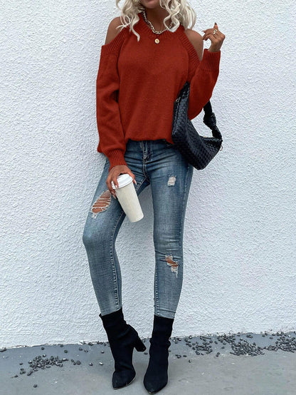 LUNE Cold Shoulder Ribbed Knit Sweater