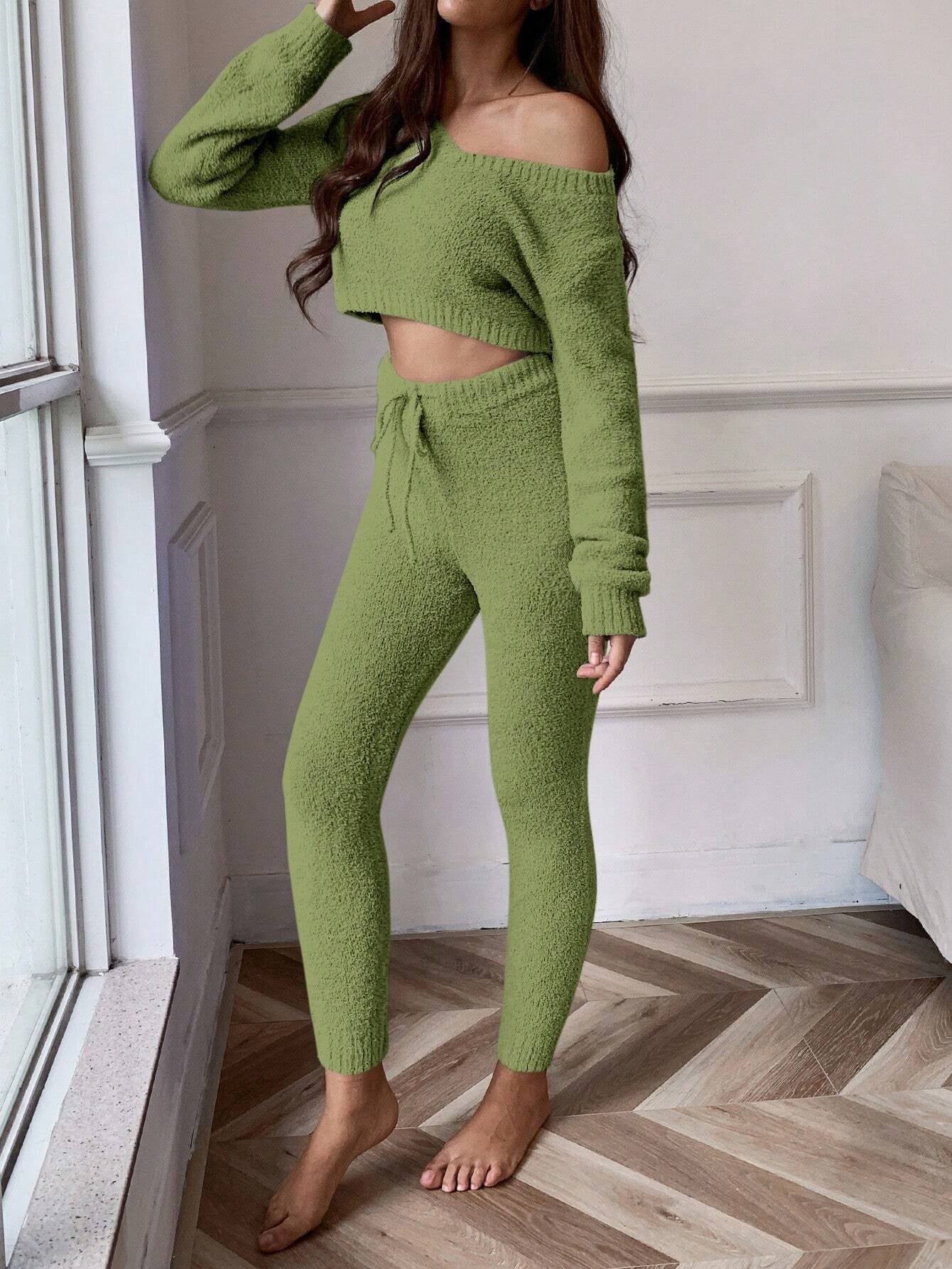 Essnce V Neck Crop Sweater & Tie Waist Knit Pants Set