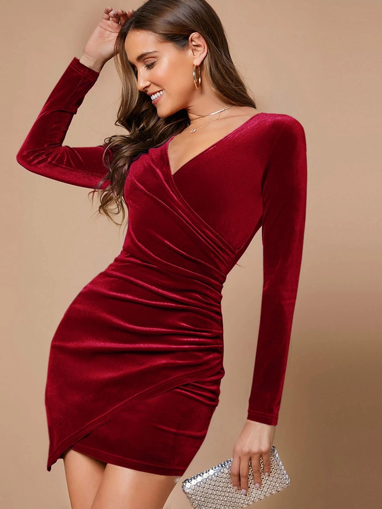 Wrap Front Ruched Detail Velvet Dress