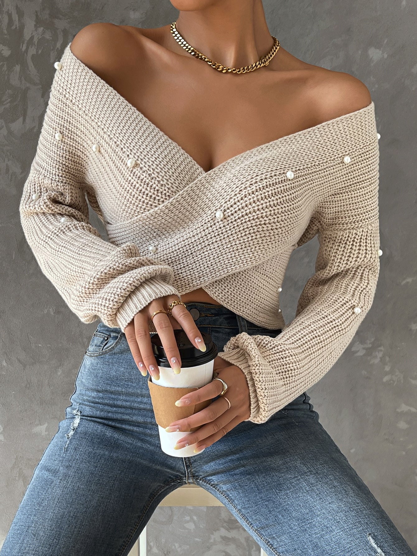 Pearls Beaded Crossover Drop Shoulder Sweater