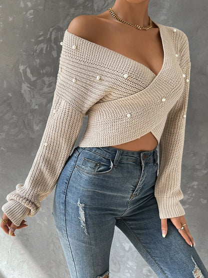 Pearls Beaded Crossover Drop Shoulder Sweater