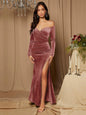 Off Shoulder Split Thigh Velvet Bridesmaid Dress