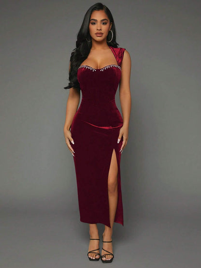 Rhinestone Detail Split Thigh Velvet Dress