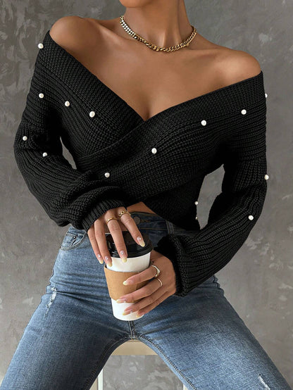 Pearls Beaded Crossover Drop Shoulder Sweater