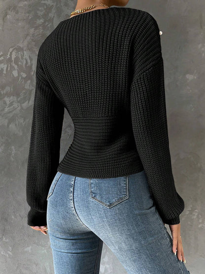 Pearls Beaded Crossover Drop Shoulder Sweater