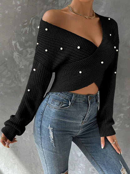 Pearls Beaded Crossover Drop Shoulder Sweater