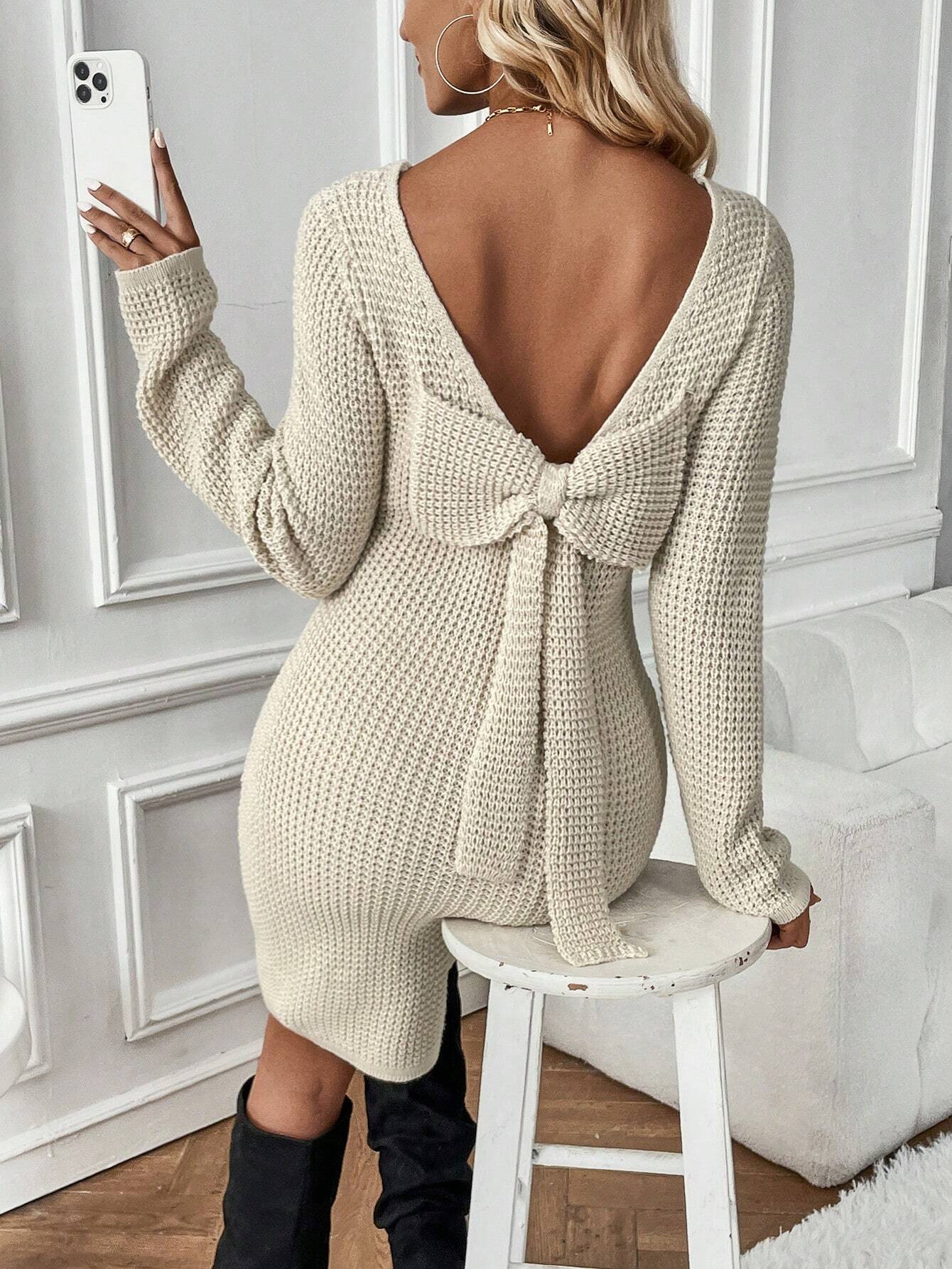 Bow Backless Sweater Dress