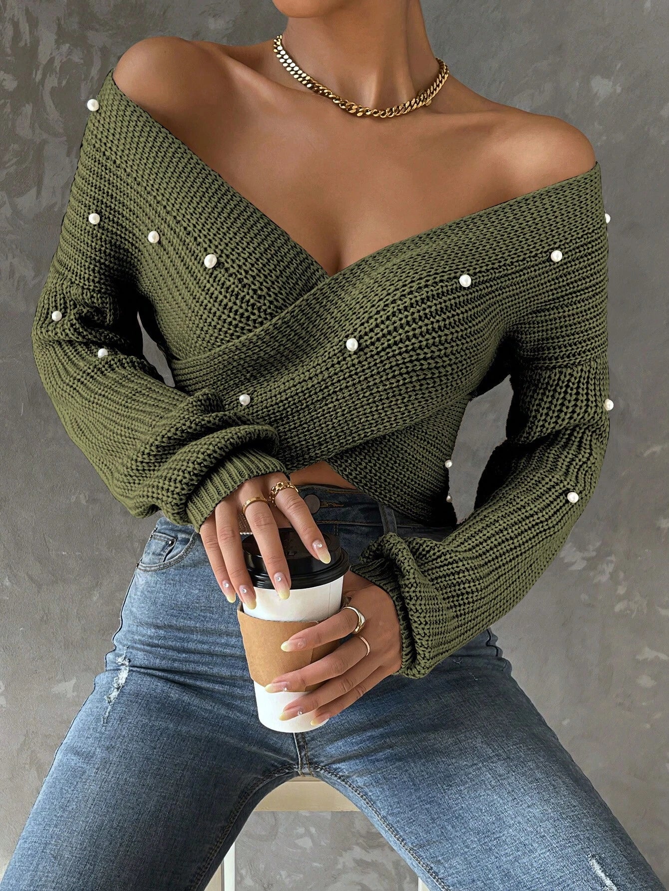 Pearls Beaded Crossover Drop Shoulder Sweater