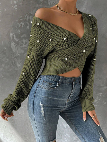 Pearls Beaded Crossover Drop Shoulder Sweater