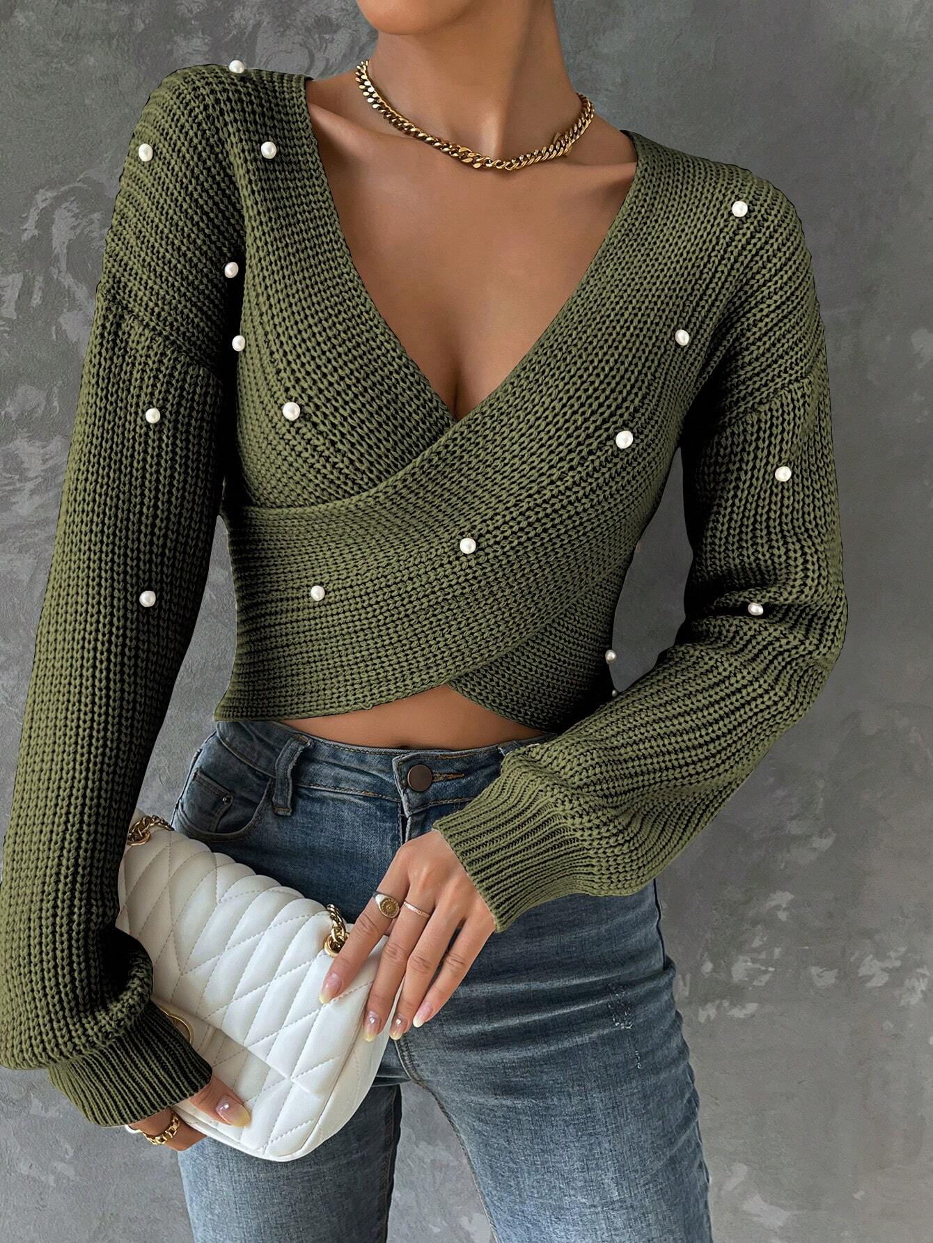 Pearls Beaded Crossover Drop Shoulder Sweater