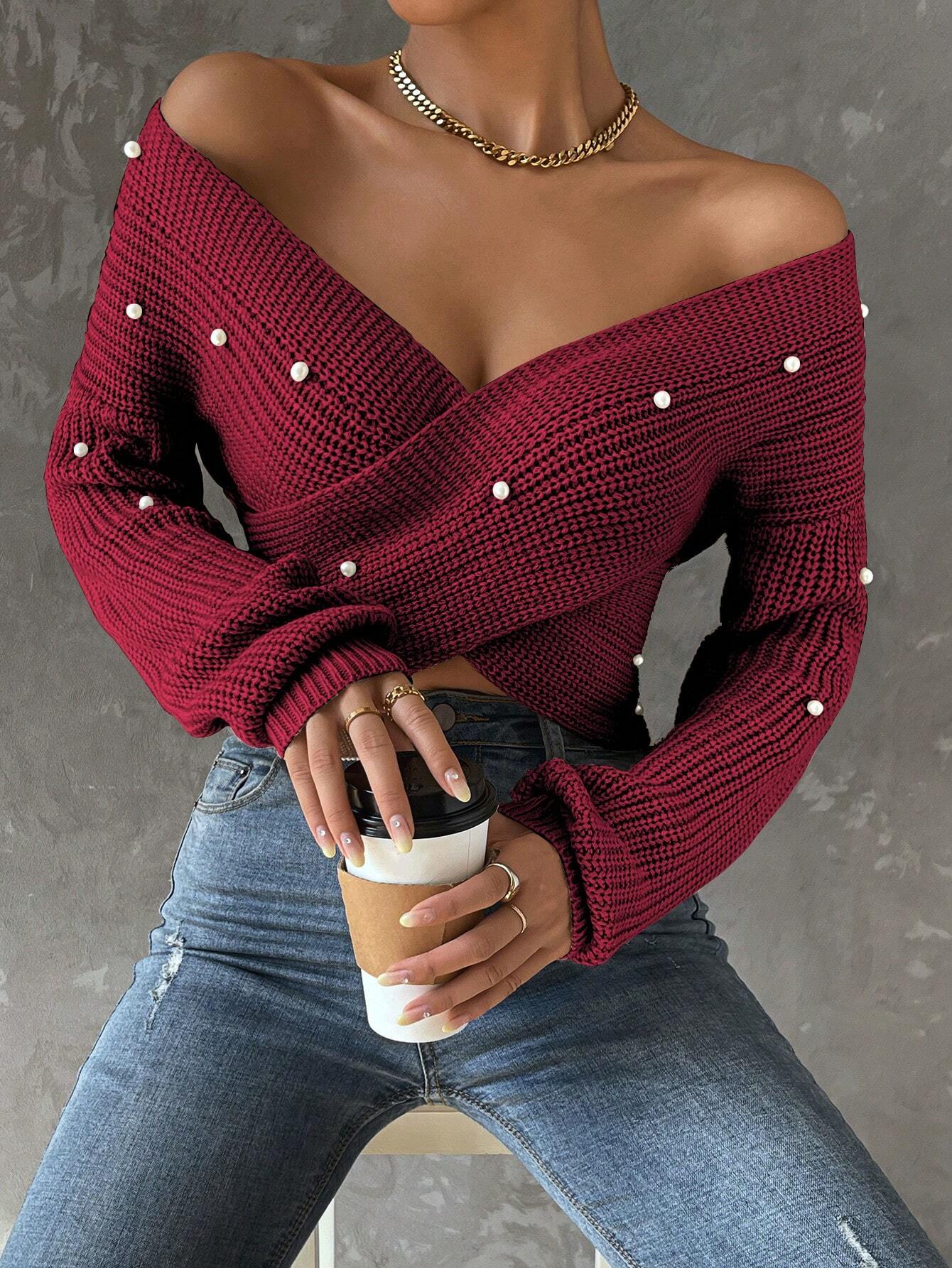 Pearls Beaded Crossover Drop Shoulder Sweater