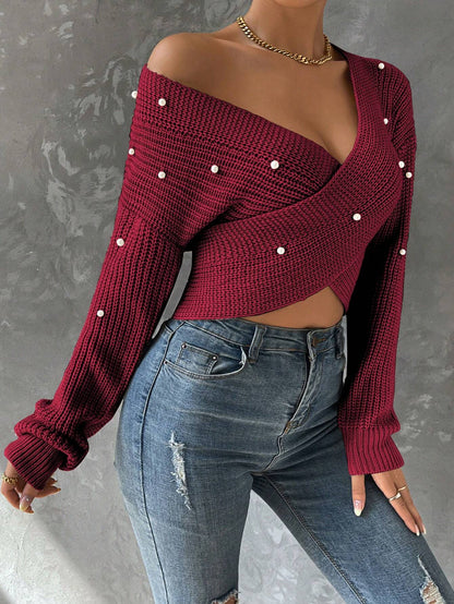 Pearls Beaded Crossover Drop Shoulder Sweater