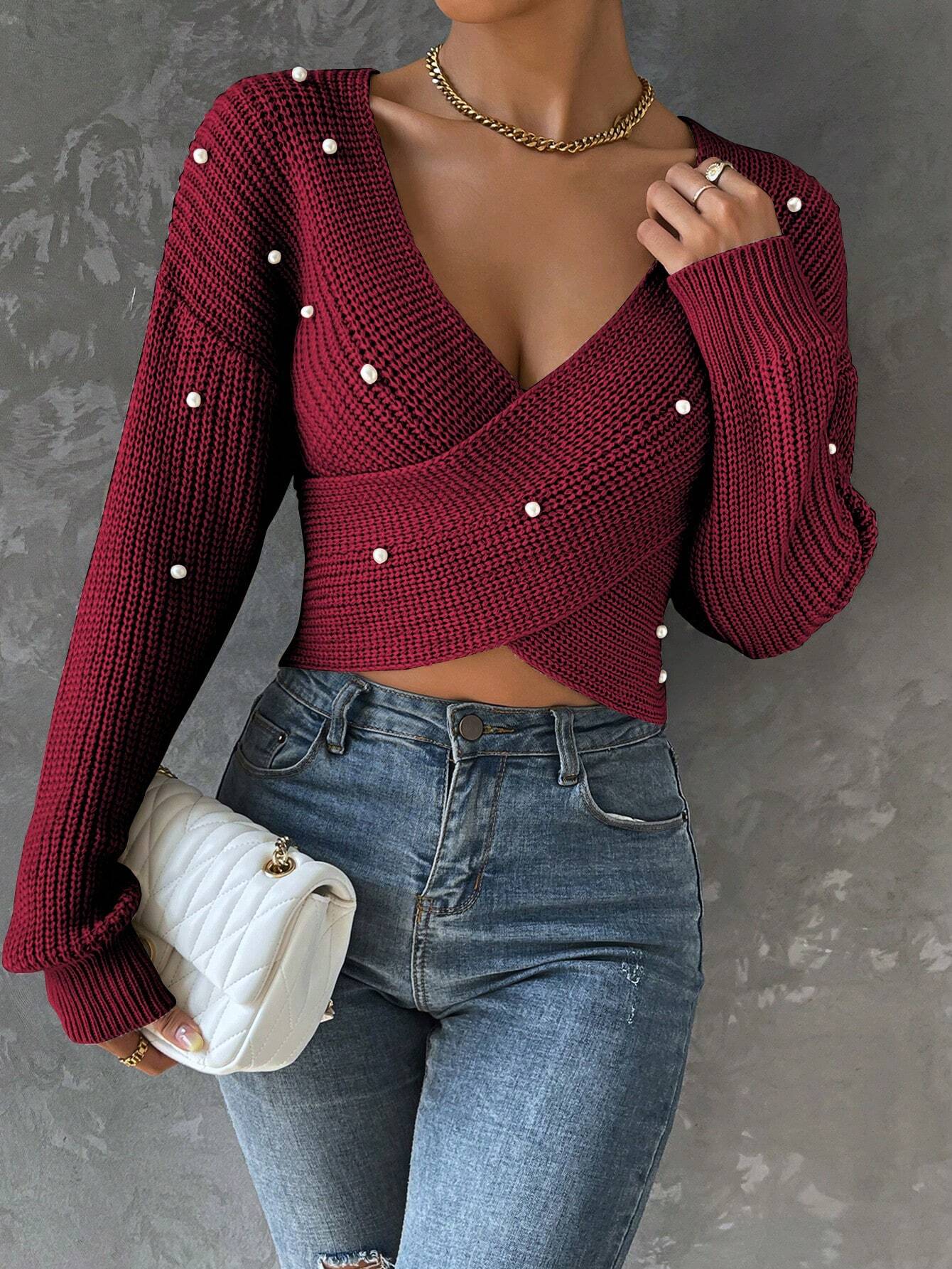 Pearls Beaded Crossover Drop Shoulder Sweater