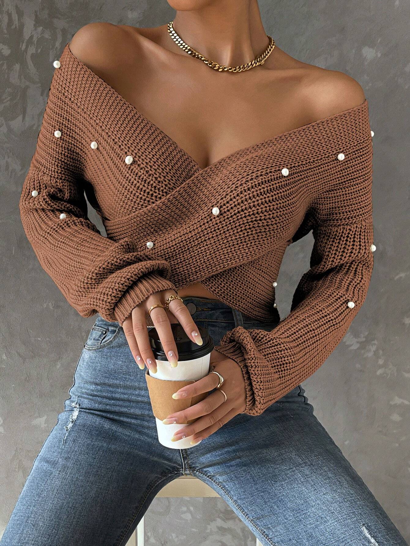 Pearls Beaded Crossover Drop Shoulder Sweater