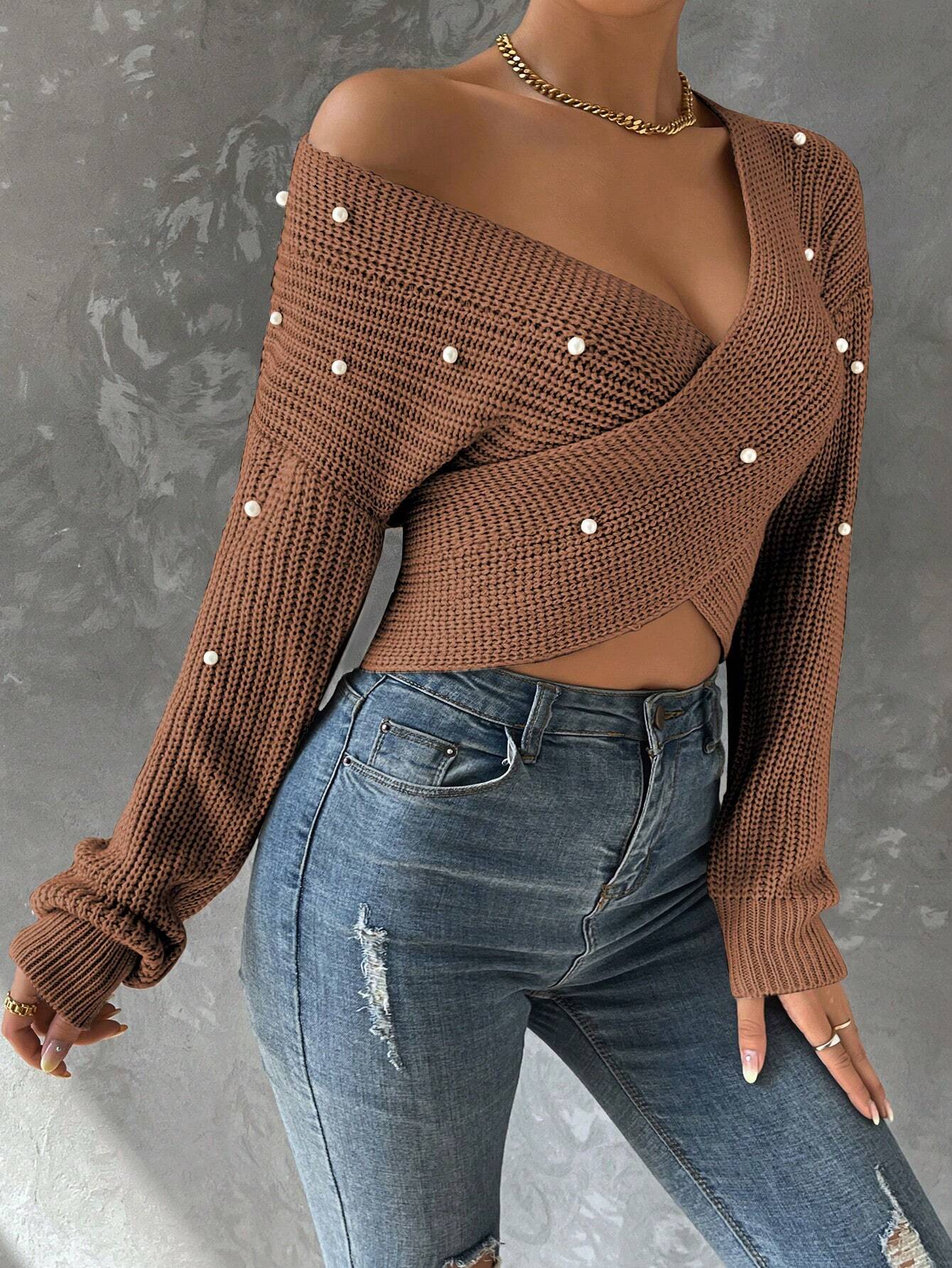 Pearls Beaded Crossover Drop Shoulder Sweater