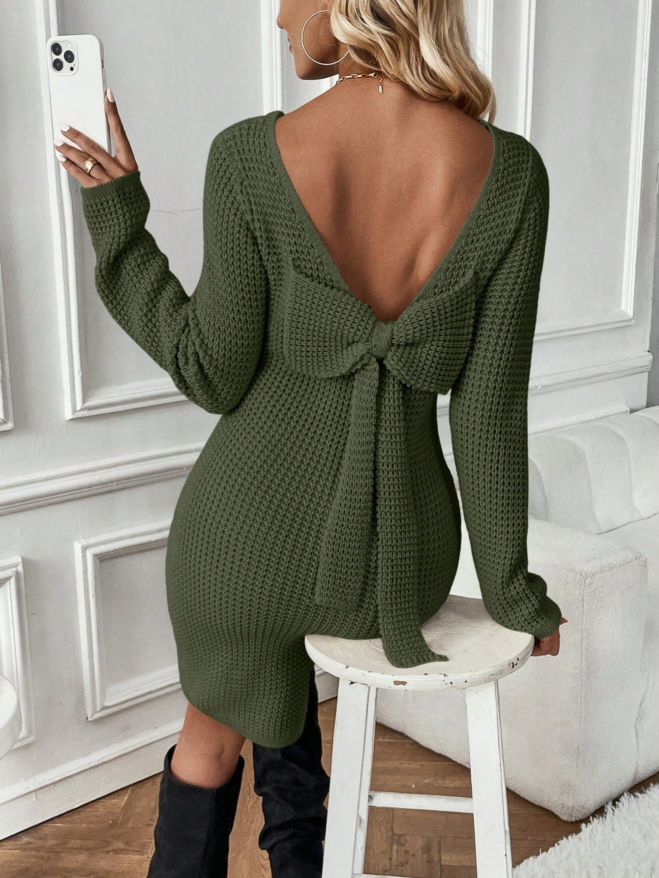 Bow Backless Sweater Dress