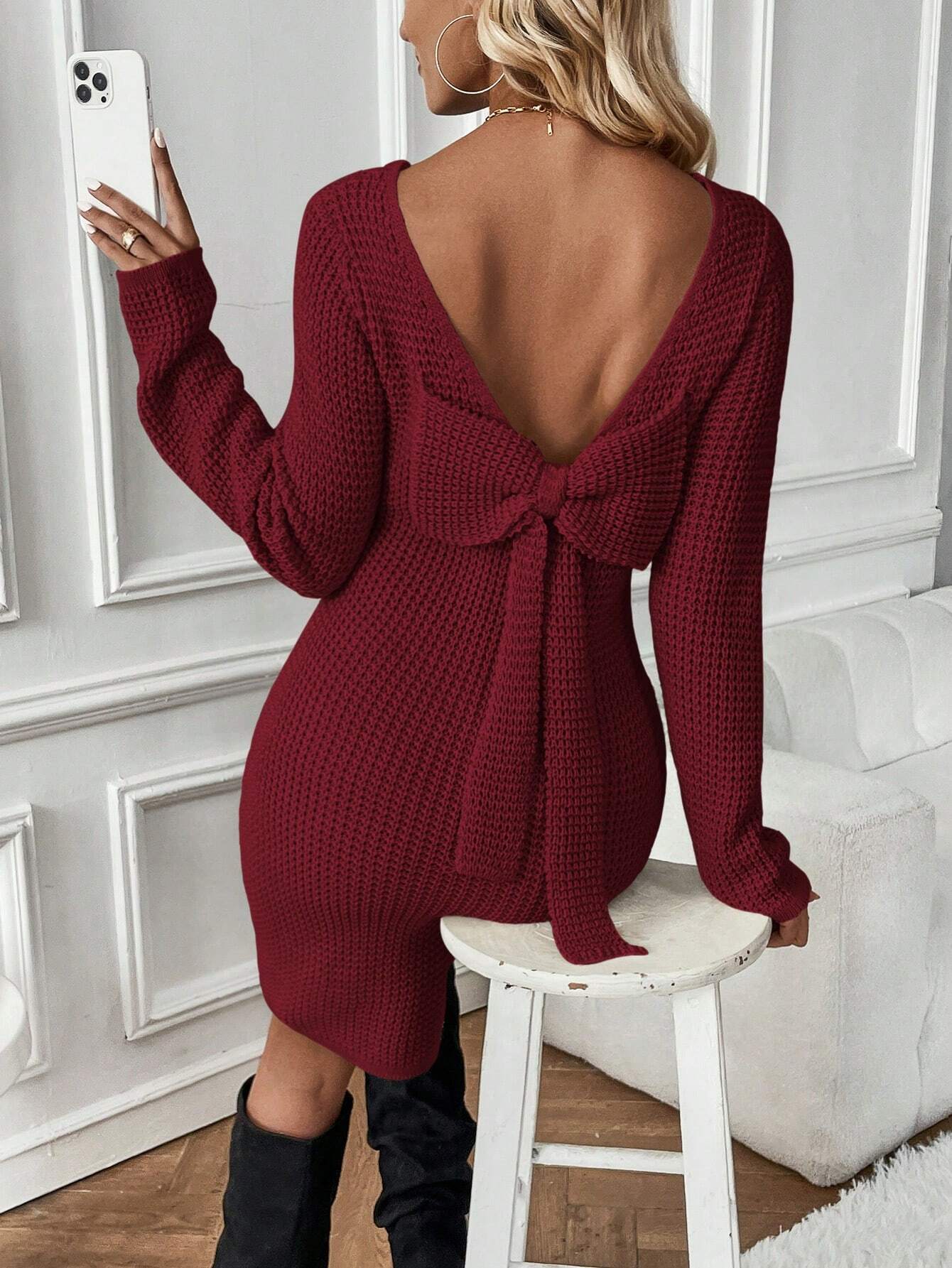 Bow Backless Sweater Dress