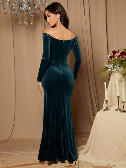 Off Shoulder Split Thigh Velvet Bridesmaid Dress