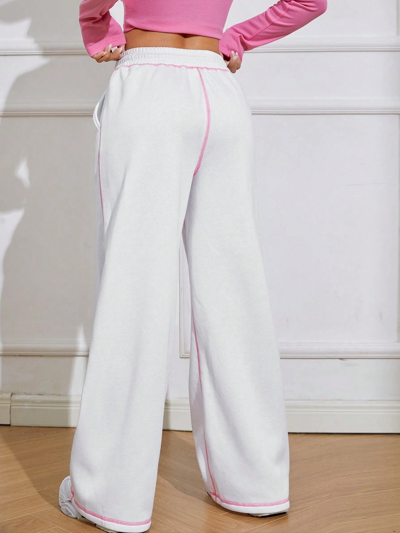 Drawstring Waist Contrast Piping Wide Leg Pants