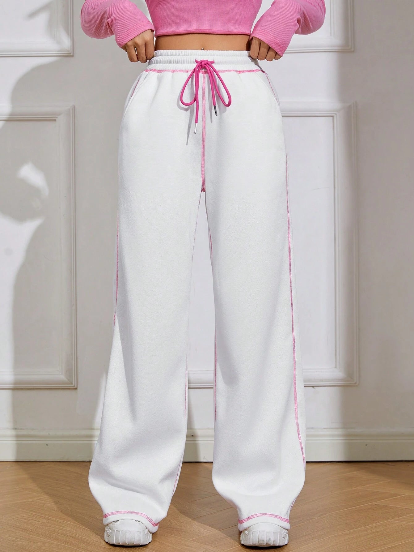 Drawstring Waist Contrast Piping Wide Leg Pants