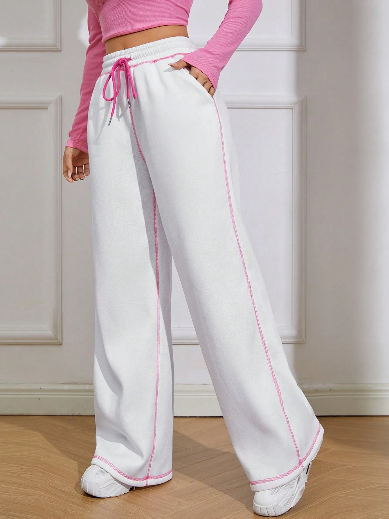 Drawstring Waist Contrast Piping Wide Leg Pants