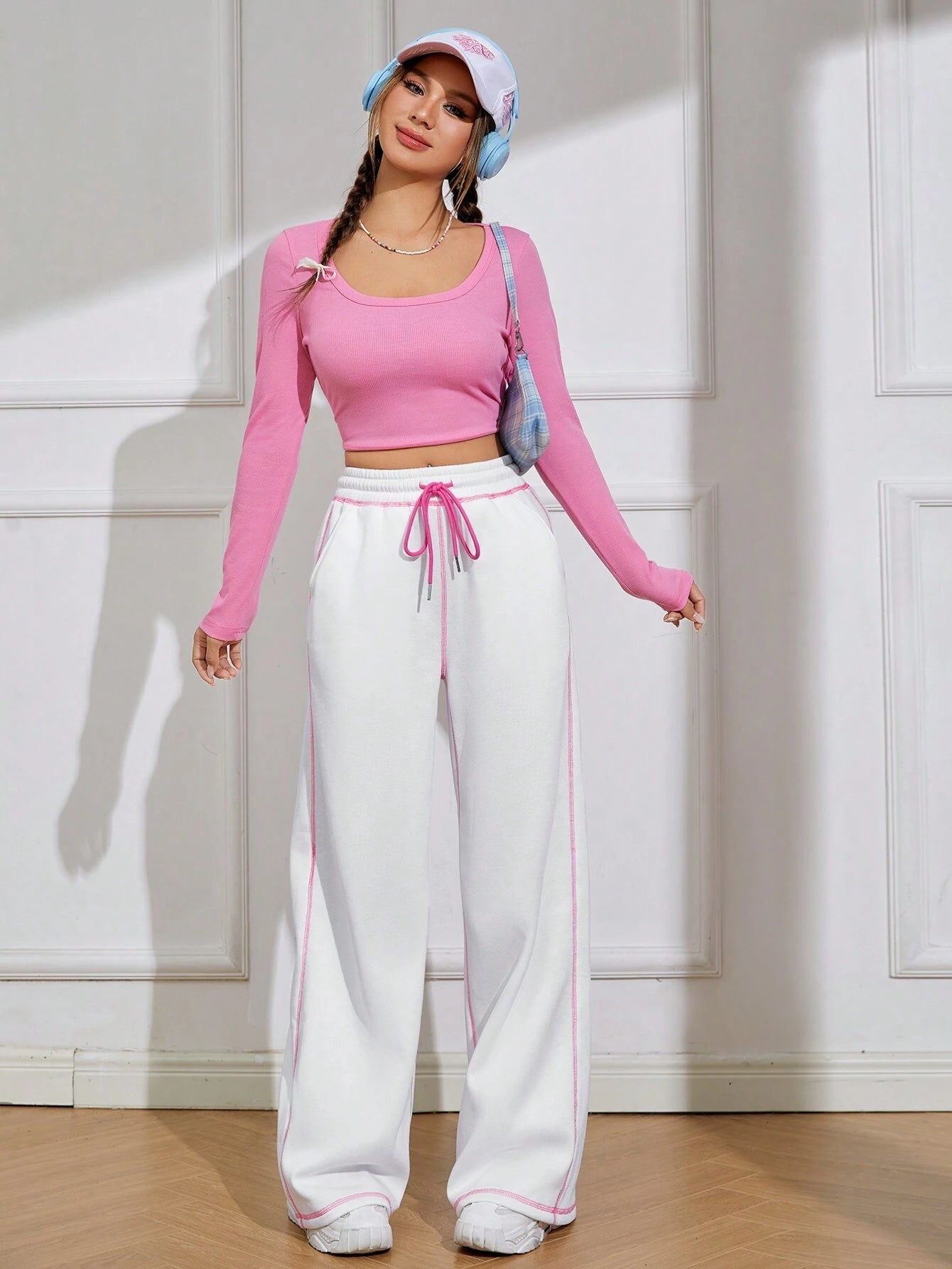 Drawstring Waist Contrast Piping Wide Leg Pants