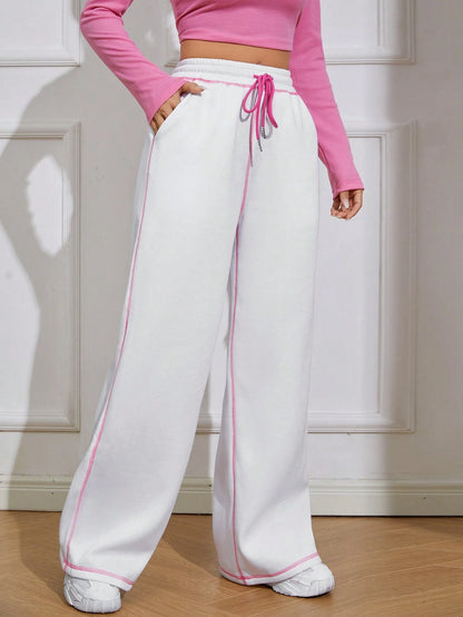 Drawstring Waist Contrast Piping Wide Leg Pants