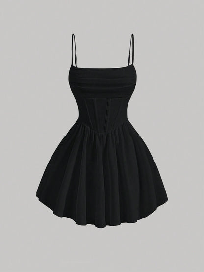 Women's Pleated Waist & Strap & A-Line Dress