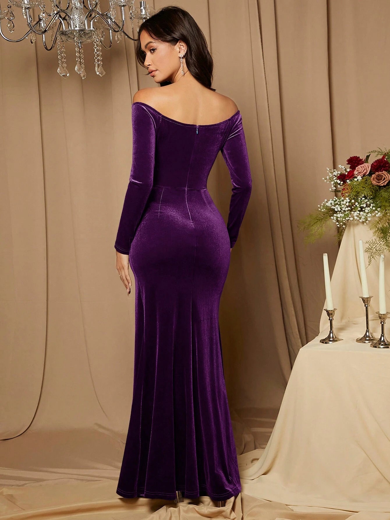 Off Shoulder Split Thigh Velvet Bridesmaid Dress