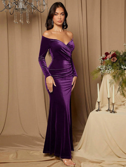 Off Shoulder Split Thigh Velvet Bridesmaid Dress