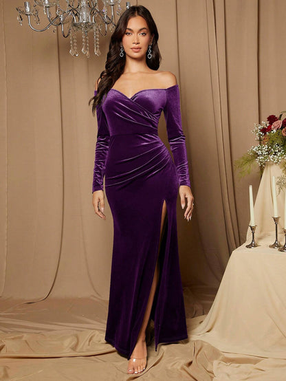 Off Shoulder Split Thigh Velvet Bridesmaid Dress