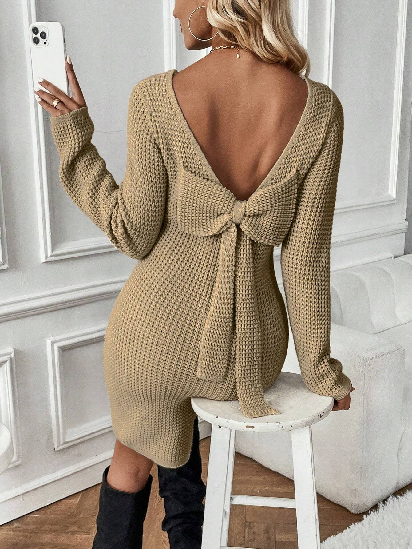 Bow Backless Sweater Dress