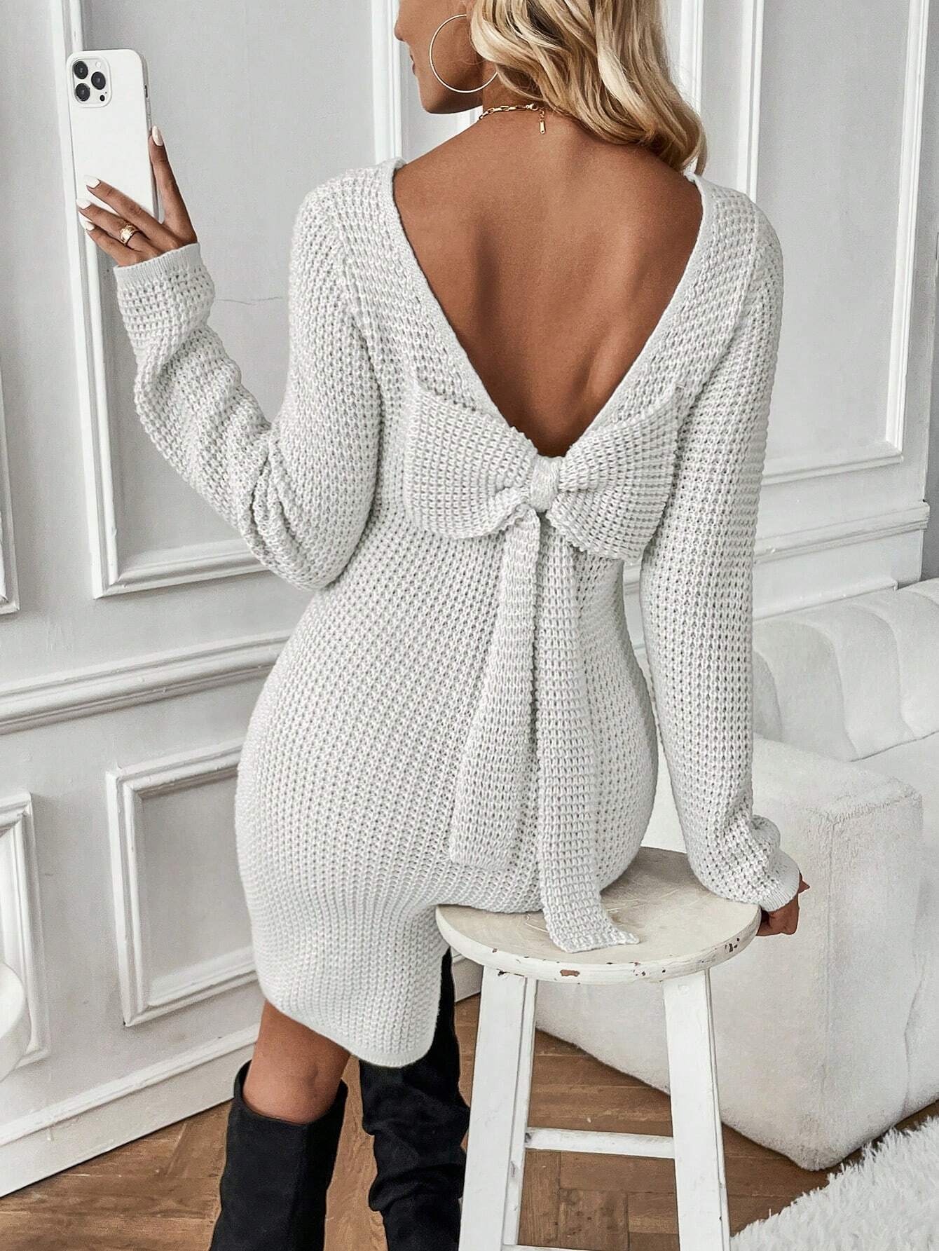 Bow Backless Sweater Dress