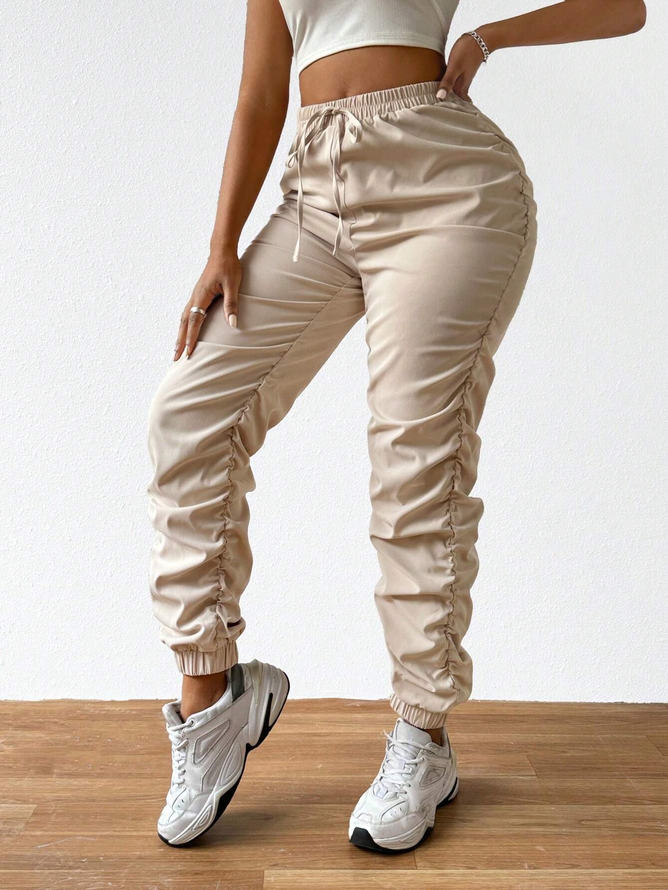 Solid Drawstring Pleated Long Pants