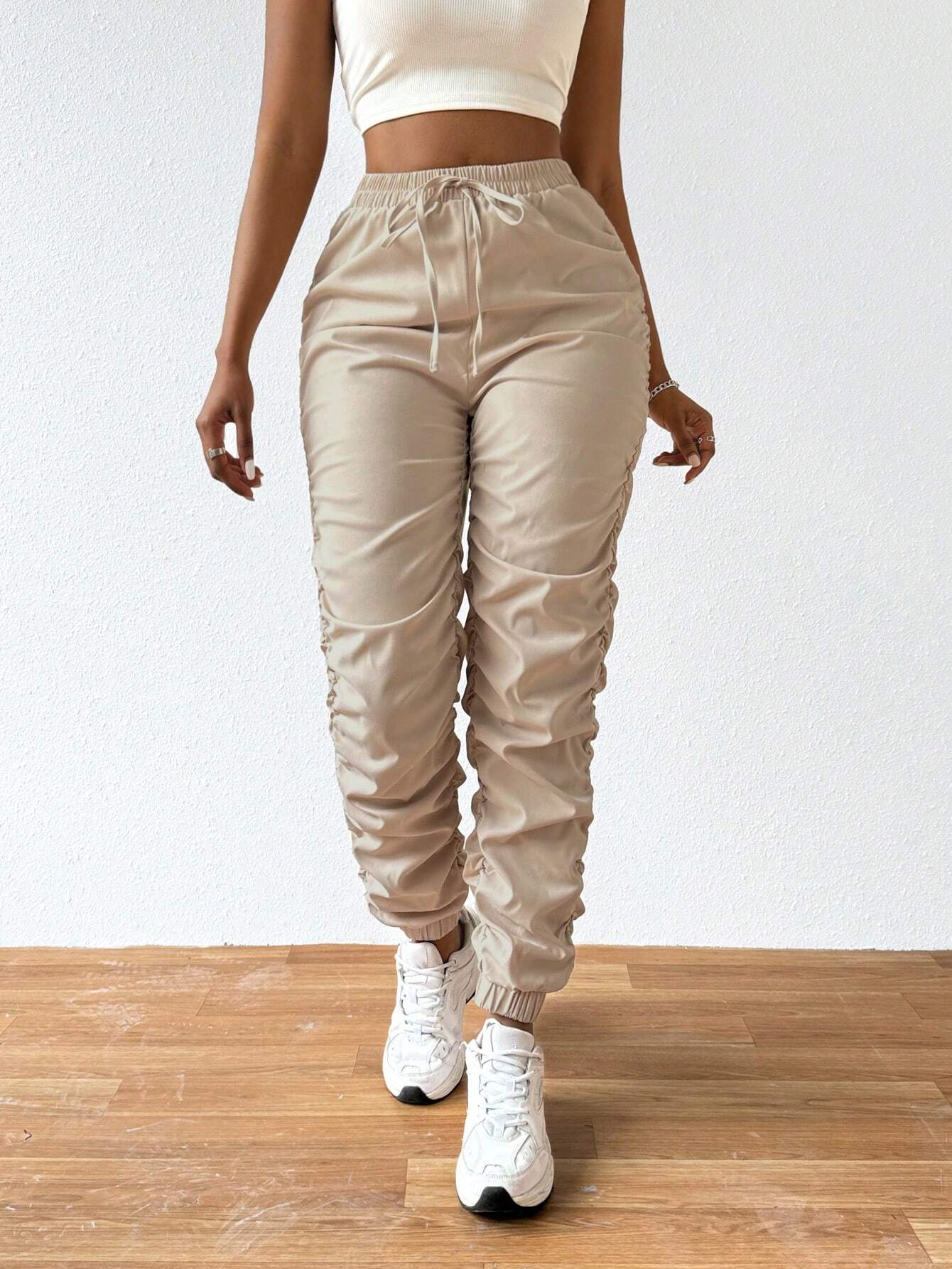 Solid Drawstring Pleated Long Pants