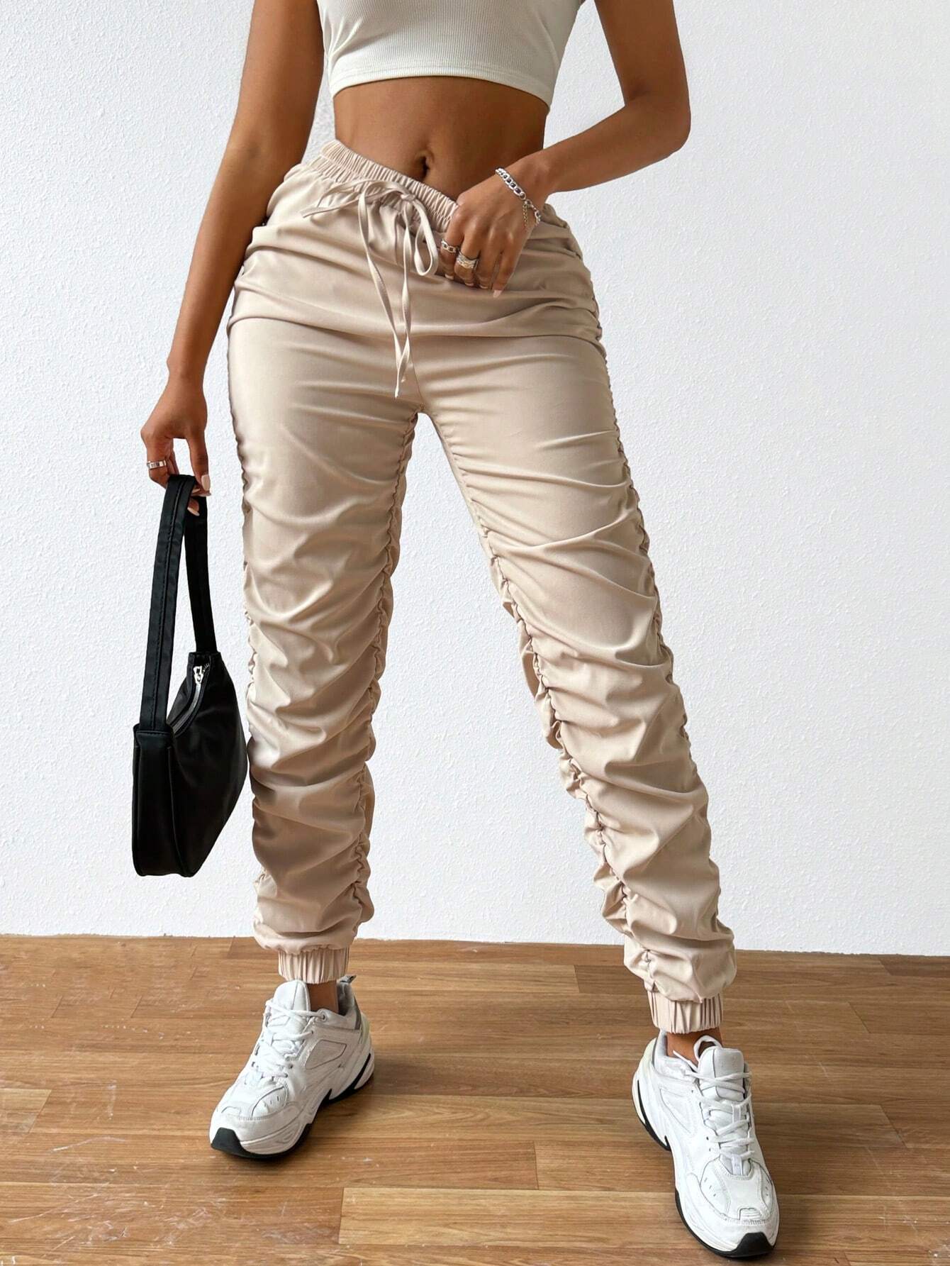 Solid Drawstring Pleated Long Pants