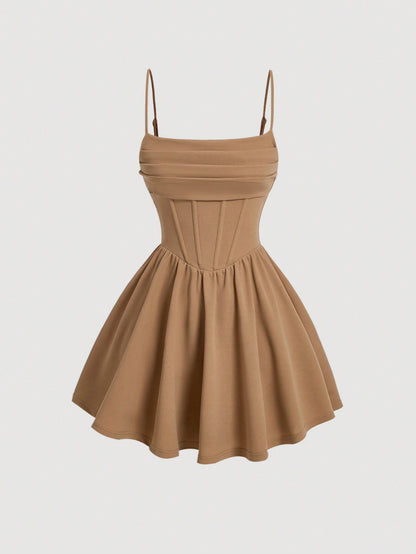 Women's Pleated Waist & Strap & A-Line Dress