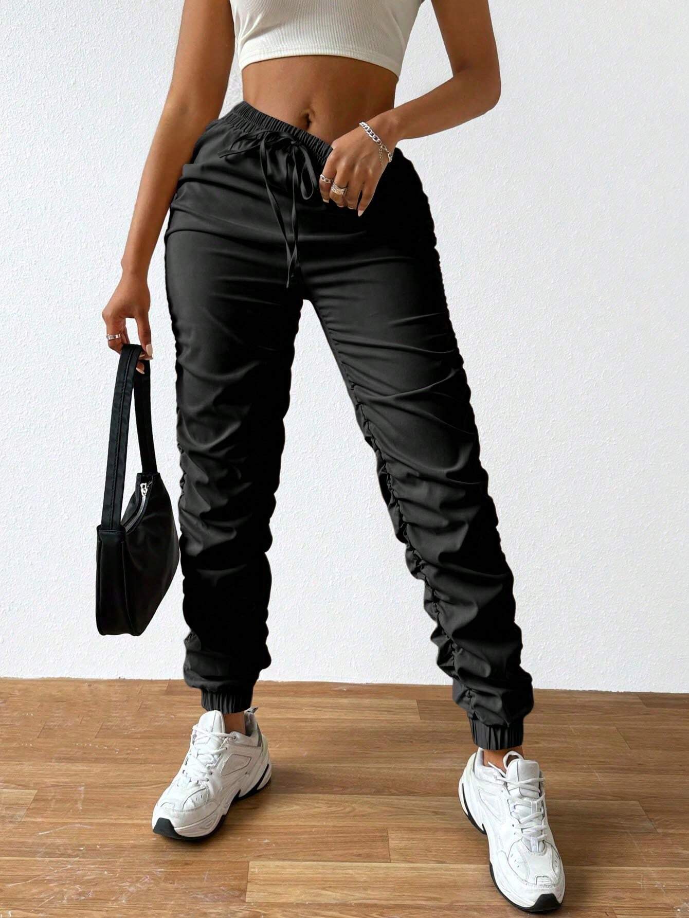 Solid Drawstring Pleated Long Pants