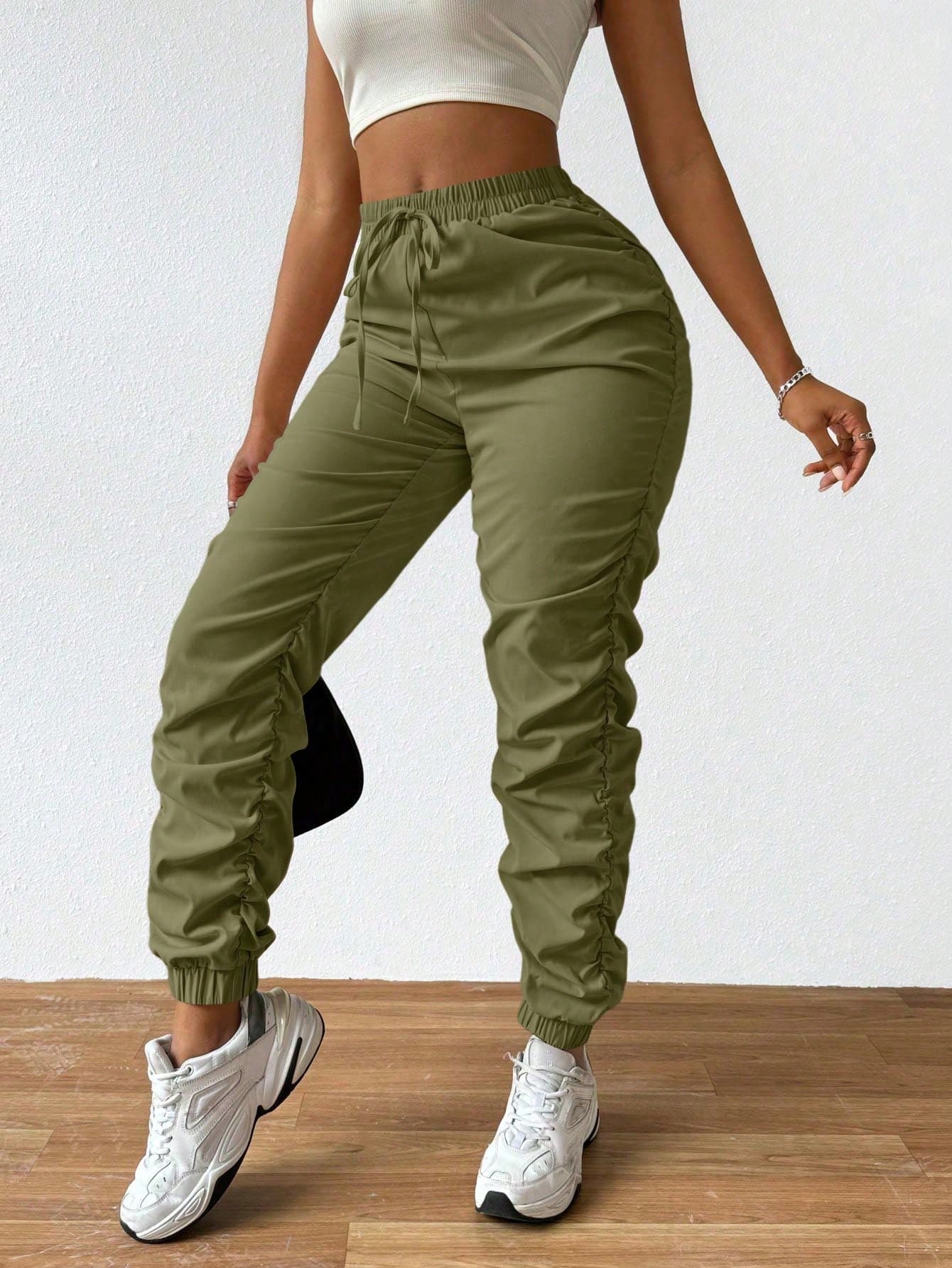 Solid Drawstring Pleated Long Pants