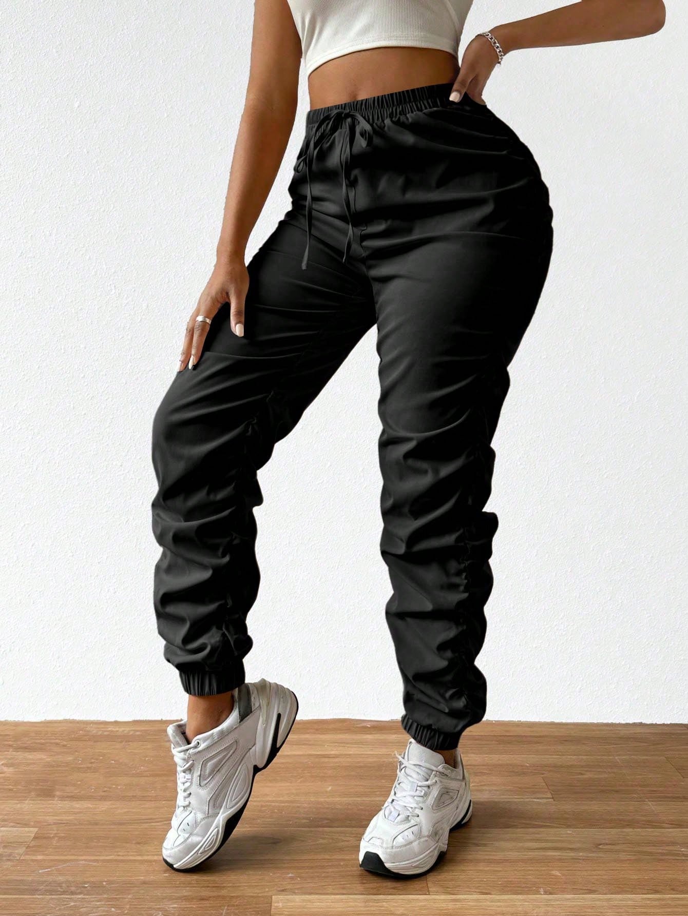 Solid Drawstring Pleated Long Pants