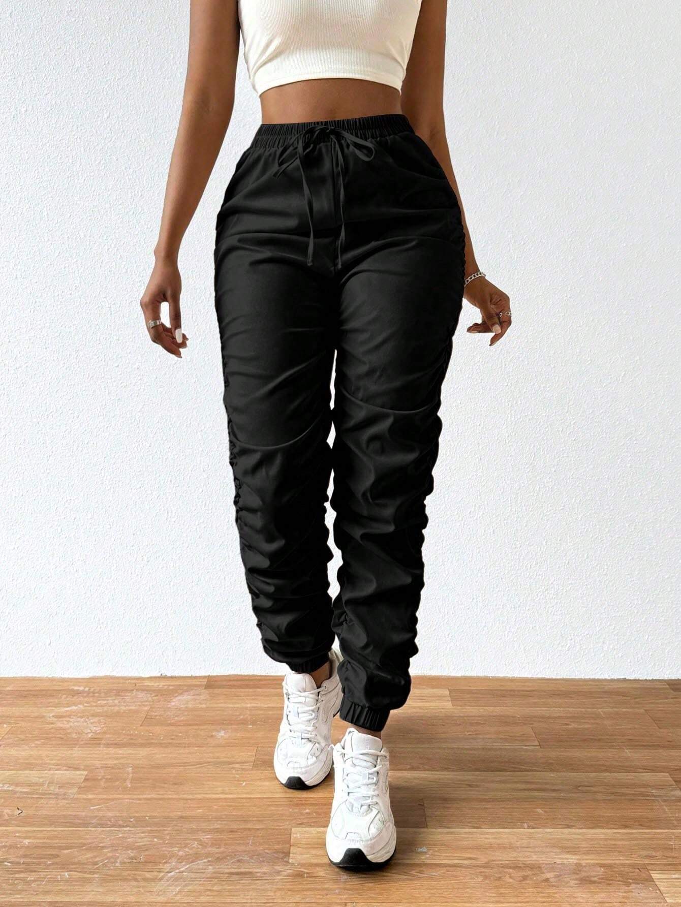 Solid Drawstring Pleated Long Pants