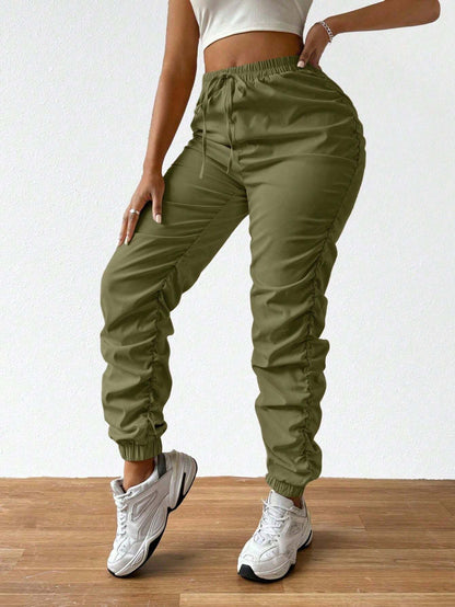 Solid Drawstring Pleated Long Pants